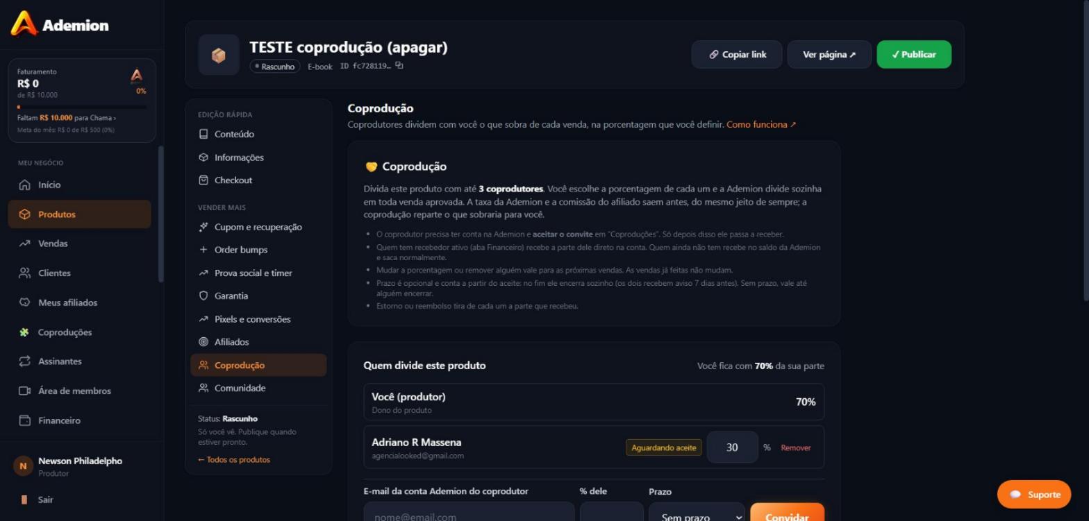 A aba Coprodução do produto: a explicação no alto e, embaixo, quem divide a venda com você.