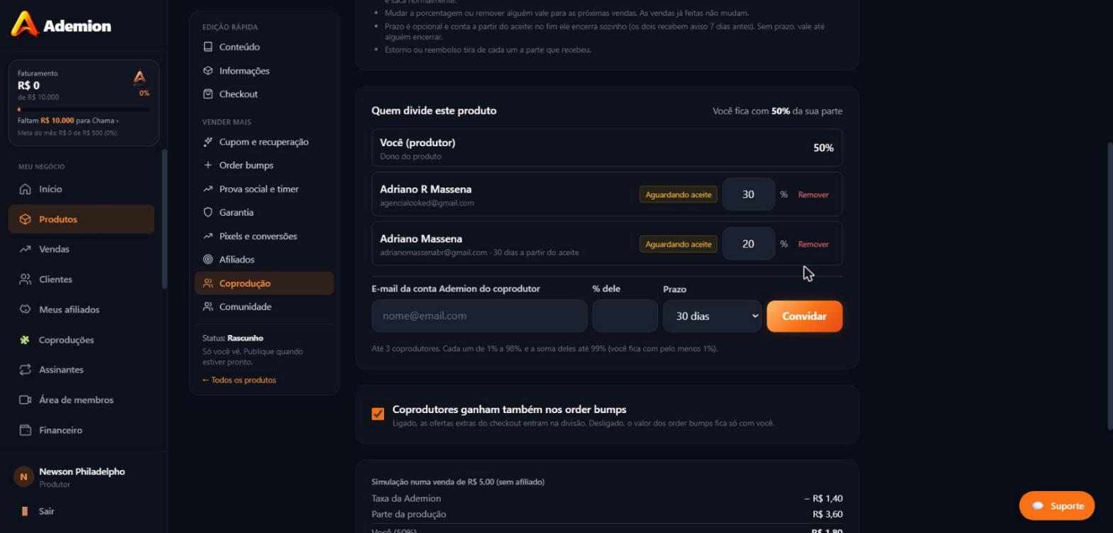 Convide pelo e-mail da conta Ademion, defina a % e o prazo. O convidado aparece como "Aguardando aceite" até aceitar; a simulação embaixo mostra quanto cada um recebe numa venda.