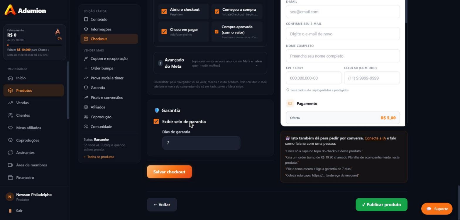 Passo 2 — marque quais momentos avisar (na dúvida, todos). Passo 3 — "Avançado do Meta" fica recolhido: token da API de Conversões e Purchase ao gerar o Pix.