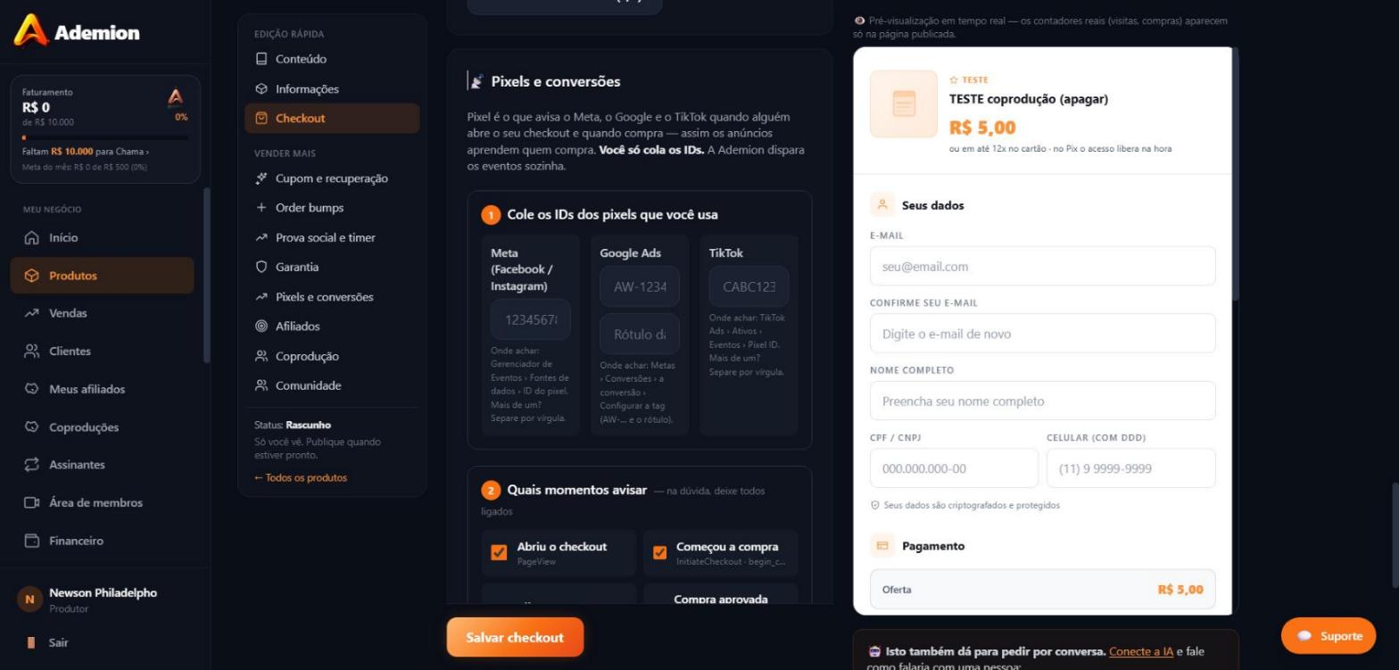 Passo 1 — cole os IDs do Meta, Google Ads e TikTok (cada caixa diz onde achar). A prévia ao lado é o checkout real.
