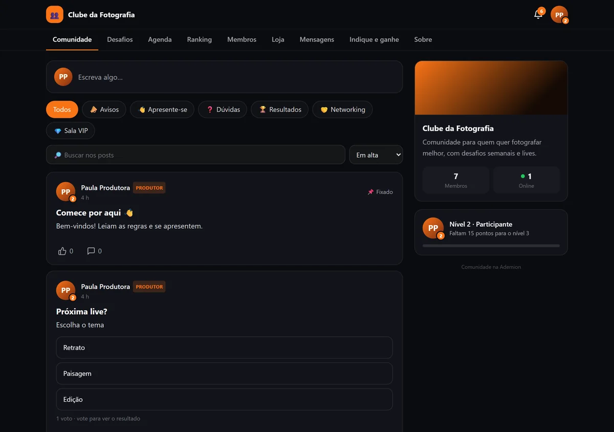 Feed da comunidade na Ademion, com os espaços Avisos, Apresente-se, Dúvidas, Resultados e Networking, um post fixado e uma enquete