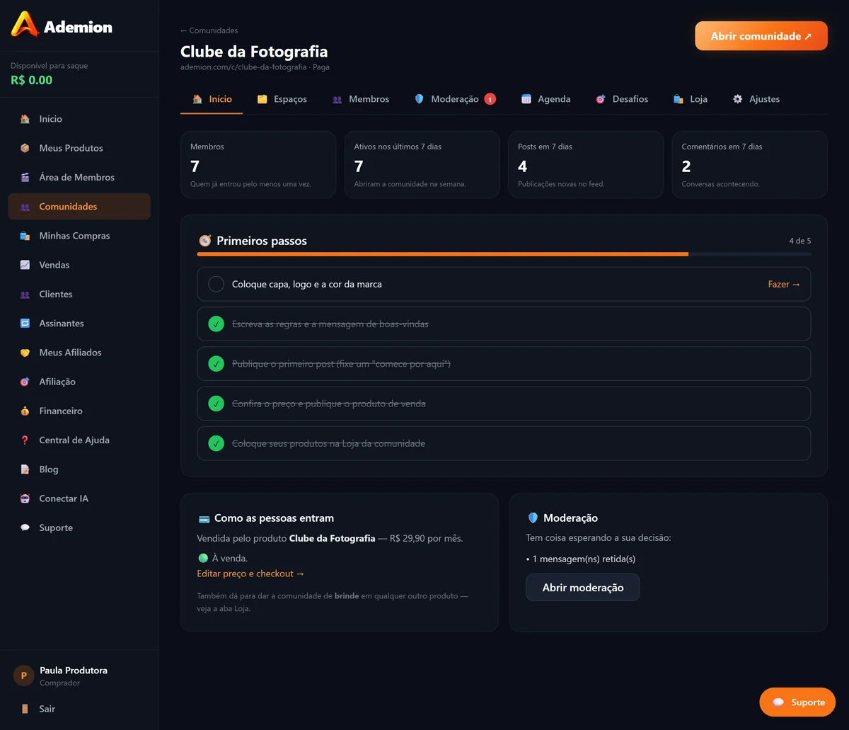 Painel do produtor na Ademion: membros, ativos na semana, posts e comentários, com as abas Espaços, Membros, Moderação, Agenda, Desafios, Loja e Ajustes